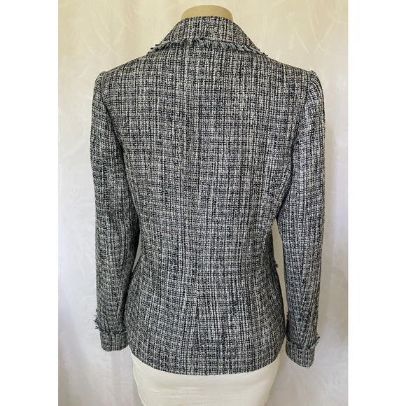 NWOT Karl Lagerfeld Fringe Trim Tweed Blazer Jacket Metallic Blue Two Bu… - Picture 6 of 12